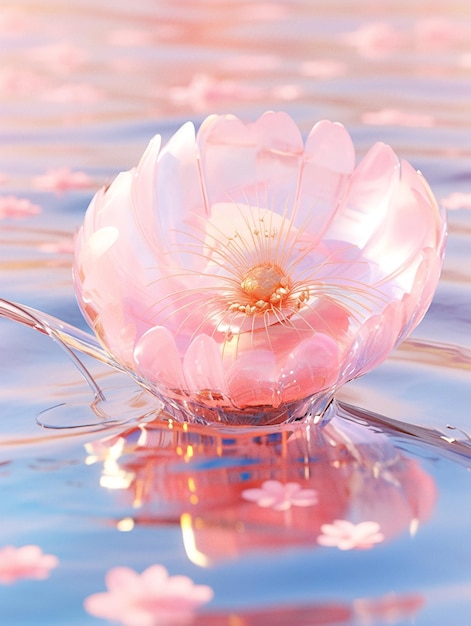 写真 水に浮かぶピンクの花があって 葉っぱが生えています