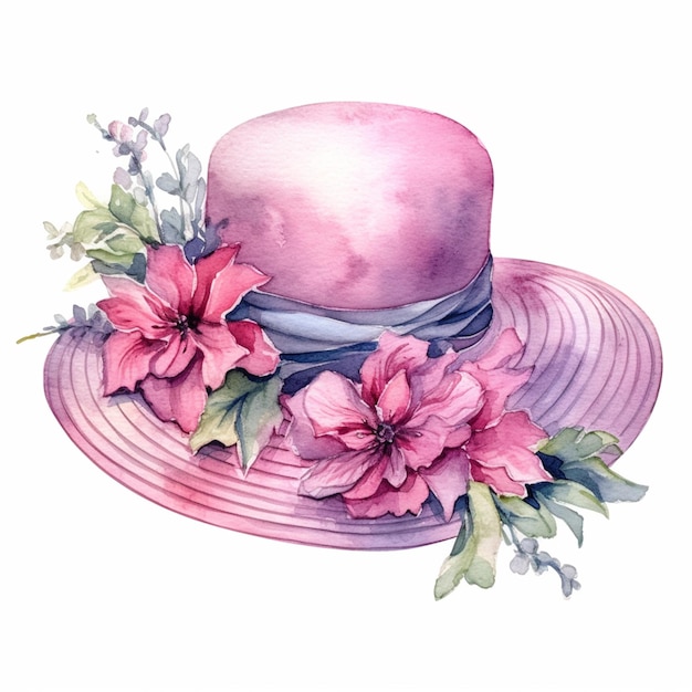 Фото Там розовая шляпа с цветами на ней и лента генеративная ай