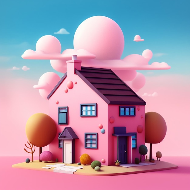 Фото Там есть розовый дом с черной крышей и розовой стеной генеративный ай
