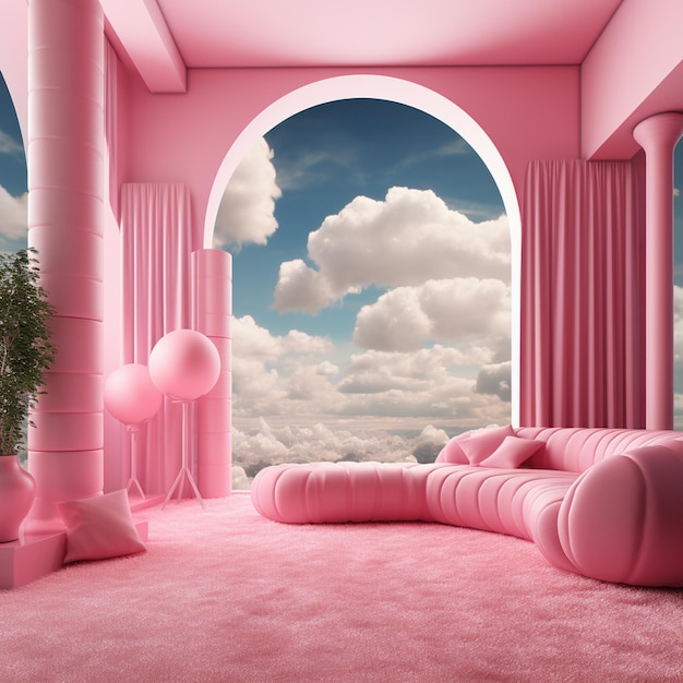사진 분홍색 소파와 분홍색 의자가 있는 분홍색 방이 있습니다.