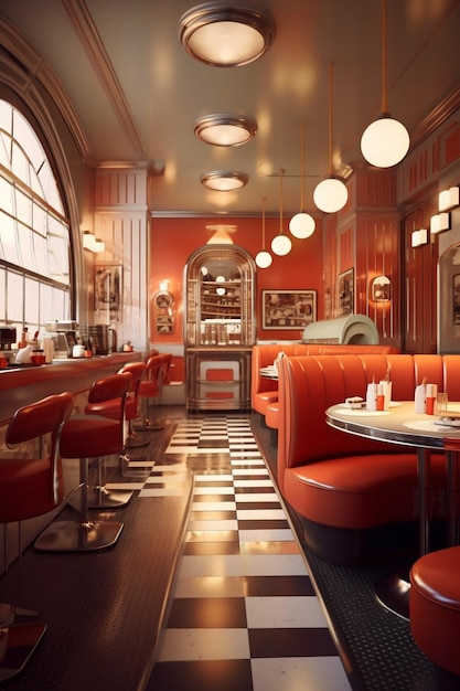 사진 체크무늬 바닥과 빨간색 부스가 있는 레스토랑이 있습니다.
