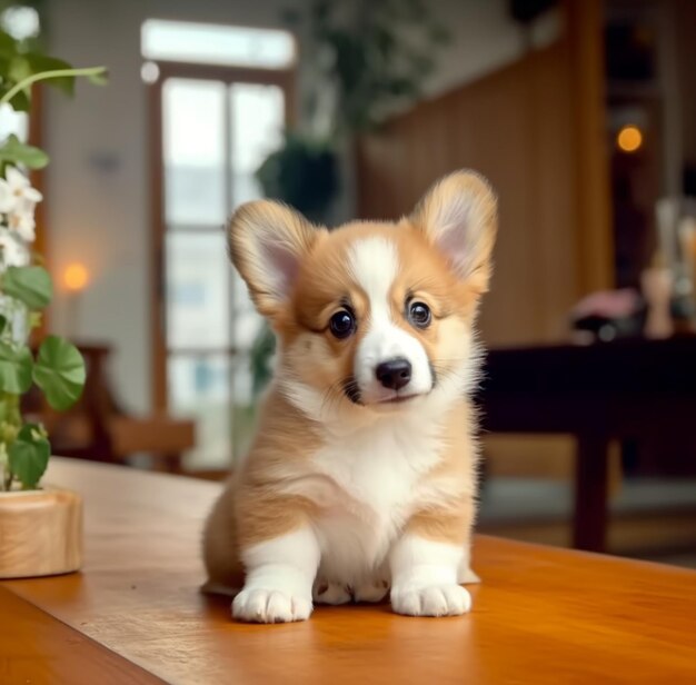 写真 鉢の植物の隣のテーブルに座っている小さな犬がいます