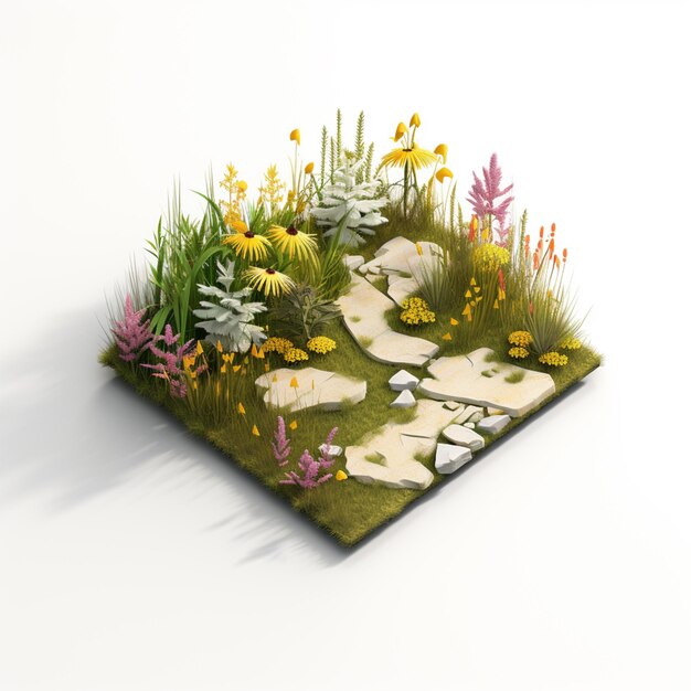 Фото Есть небольшой сад с дорожкой и цветами на земле, генеративный ии