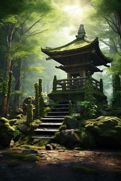 Фото Посреди лесного генеративного ай есть небольшая пагода.