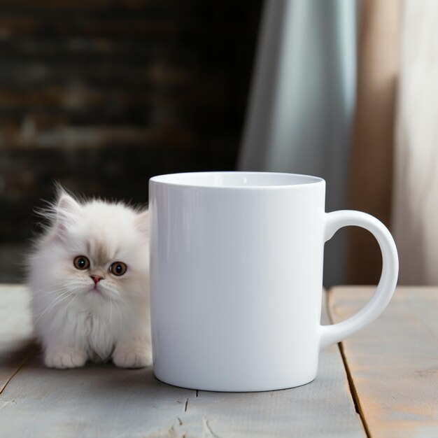 写真 白いコーヒーカップの隣に座っている小さな白い子猫がいる