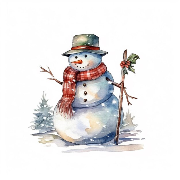 Фото Там снеговик с шляпой и палкой в снегу генеративный ай