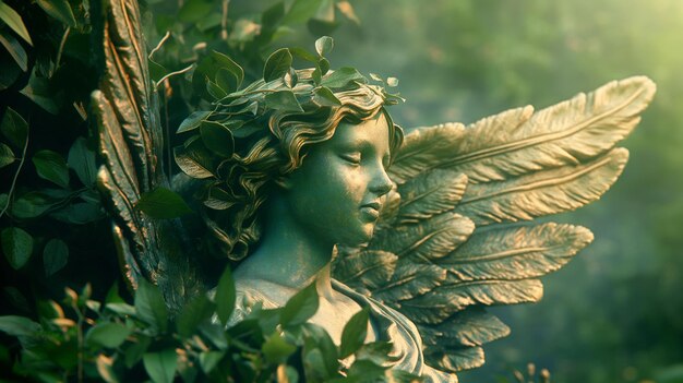 Фото В лесу есть статуя женщины с крыльями.