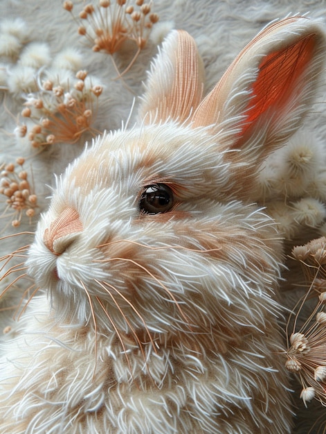 Фото Там плюшевый кролик, который лежит на одеяле.