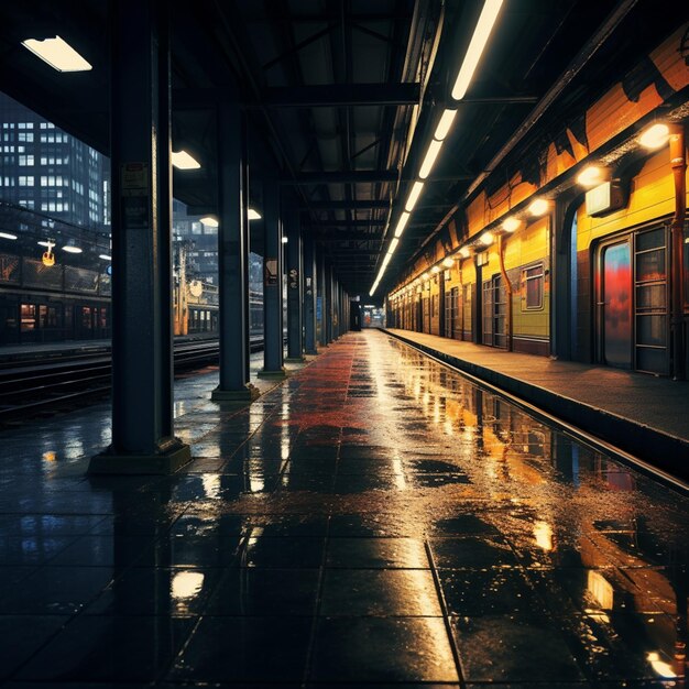 Фото Есть поезд, который припаркован на станции в дождь генеративный ай