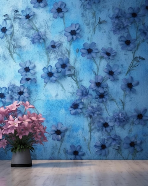 Фото На деревянном столе перед голубой стеной стоит ваза с цветами.