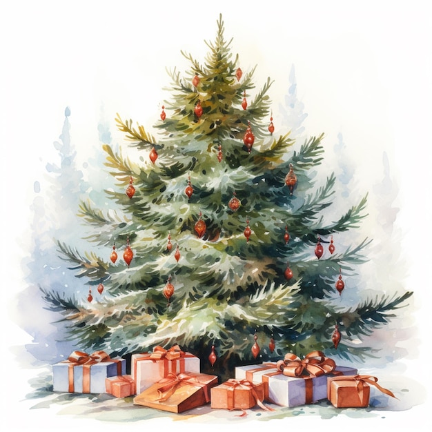 사진 선물과 함께 크리스마스 트리의 수채화 그림이 있습니다.
