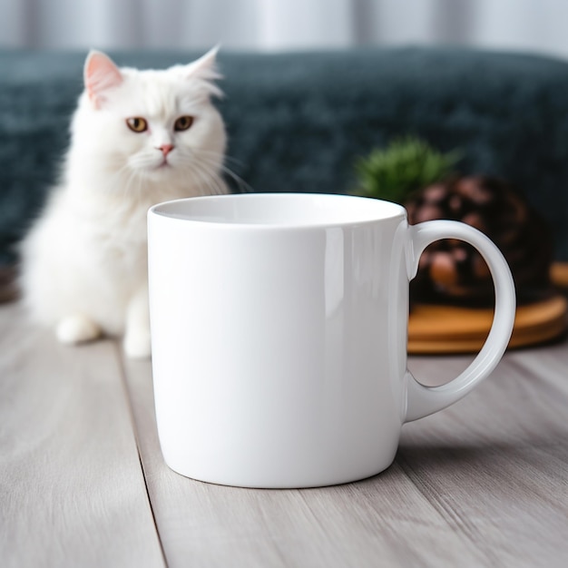 写真 白いコーヒーカップの隣に座っている白い猫がいます