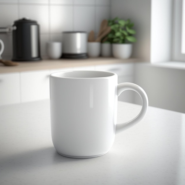 Фото Есть белая чашка кофе, сидящая на столе в кухонном генеративном аи