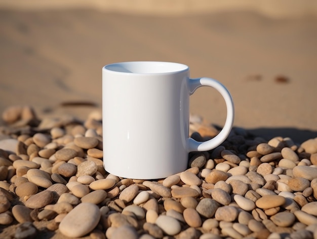写真 白いコーヒーカップが岩の山の上に座っている