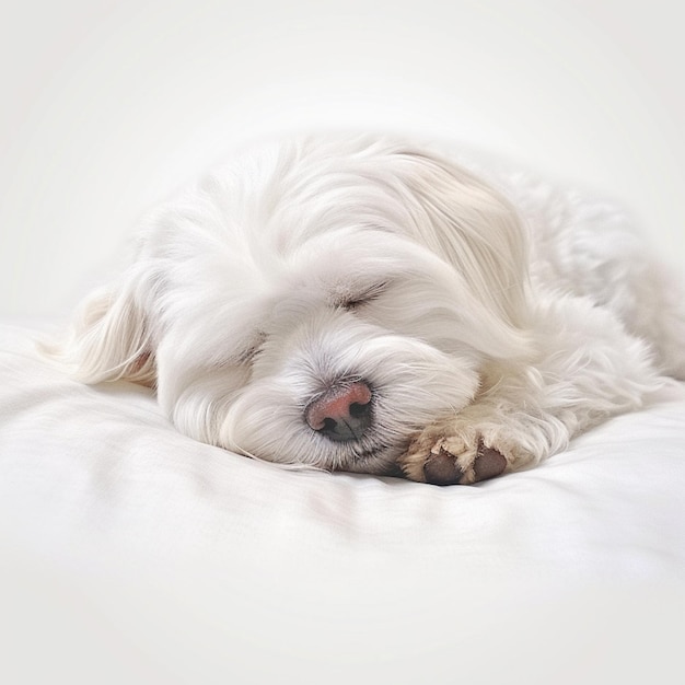 Фото Белая собака спит на кровати с головой на подушке.