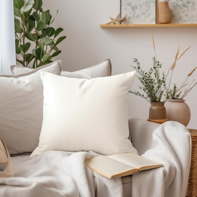 Фото На диване лежит белая подушка с книгой и растением.