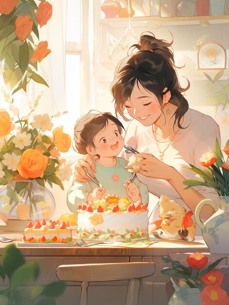 사진 부 ⁇ 에서 케이크를 함께 먹고 있는 여자와 아이가 있습니다.