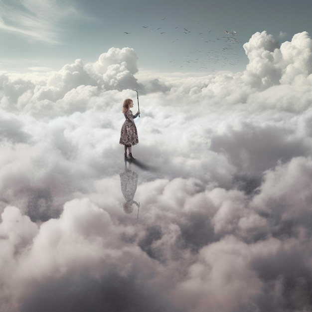 写真 雲の上に傘を持った女性が立っている 生成ai