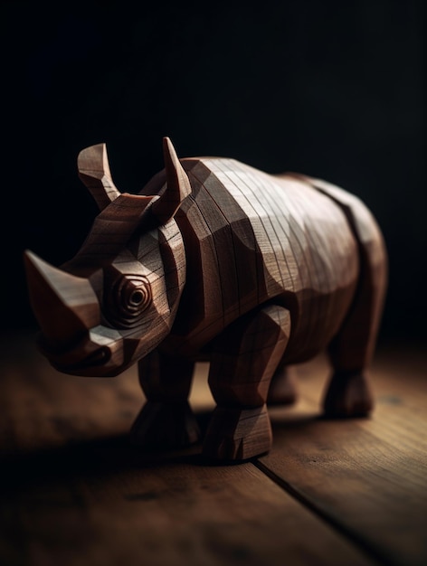 Фото На столе стоит деревянная статуэтка носорога.