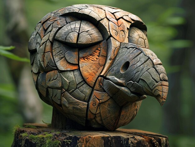 Фото Там деревянная скульптура птицы с лицом, сделанным из дерева.