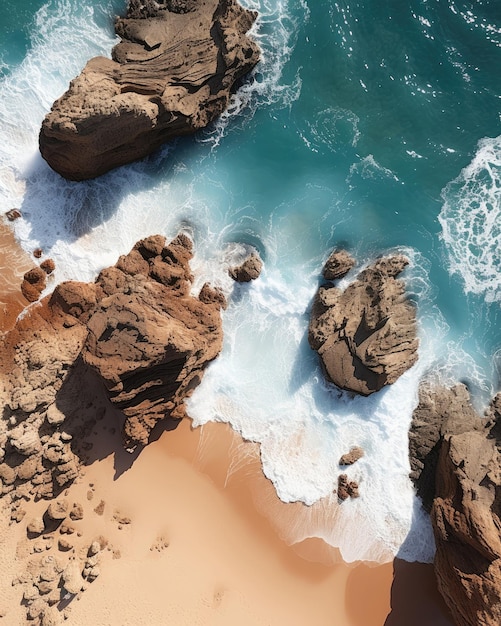 There is an aerial view of sandy beach and ocean with waves Generative AI