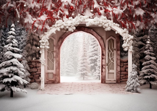 There is a archway in the middle of a snowy forest generative ai