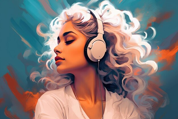 there is an attractive woman with curly hair, who is wearing a pair of large headphones and listening to music. The photo captures her enjoying the music, showcasing her fashionable choice of headphon