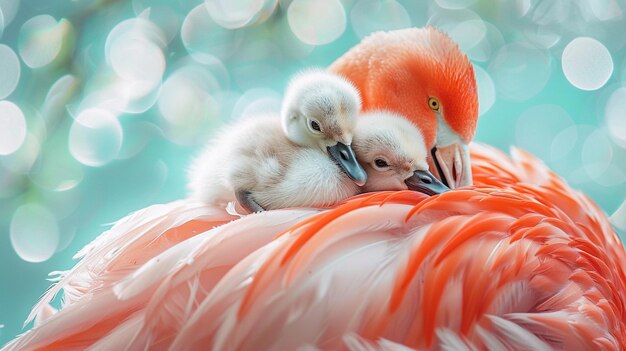 Photo there is a baby bird sitting on top of a flamingo generative ai