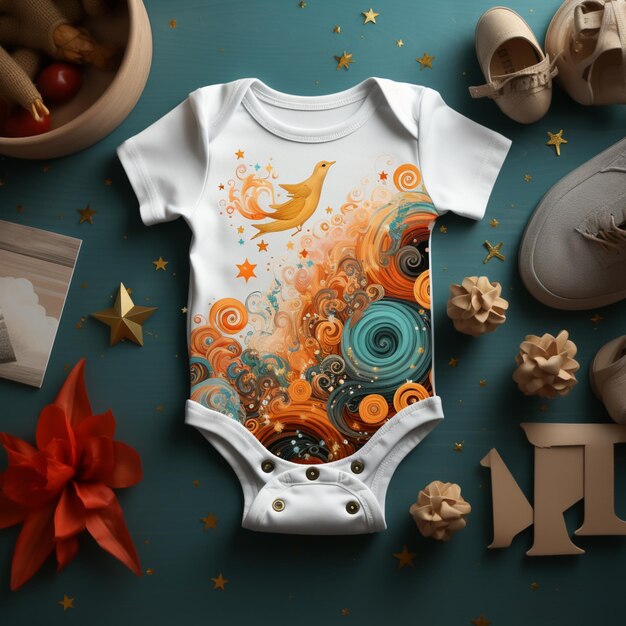 there is a baby bodysuit with a bird on it surrounded by other items generative ai