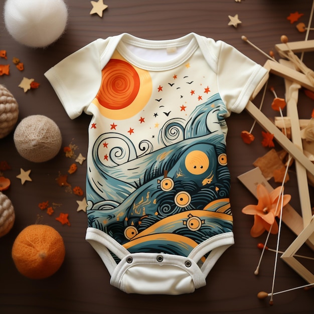 there is a baby bodysuit with a painting on it on a table generative ai