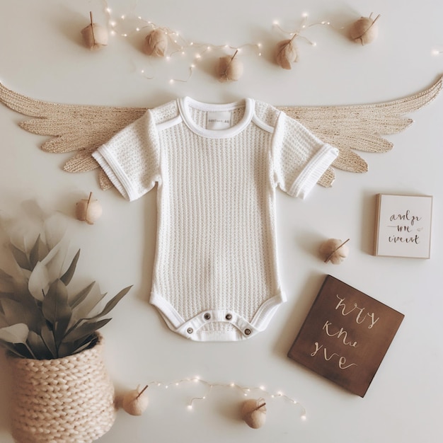 there is a baby bodysuit with wings and a pineapple next to it generative ai
