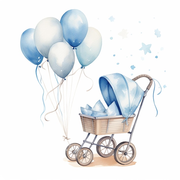 there is a baby carriage with balloons and a blue blanket generative ai