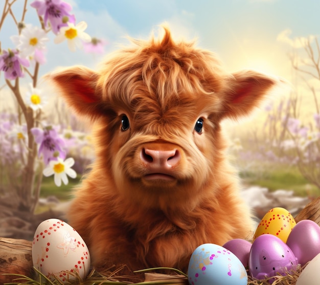 there is a baby cow that is standing in the grass with eggs generative ai