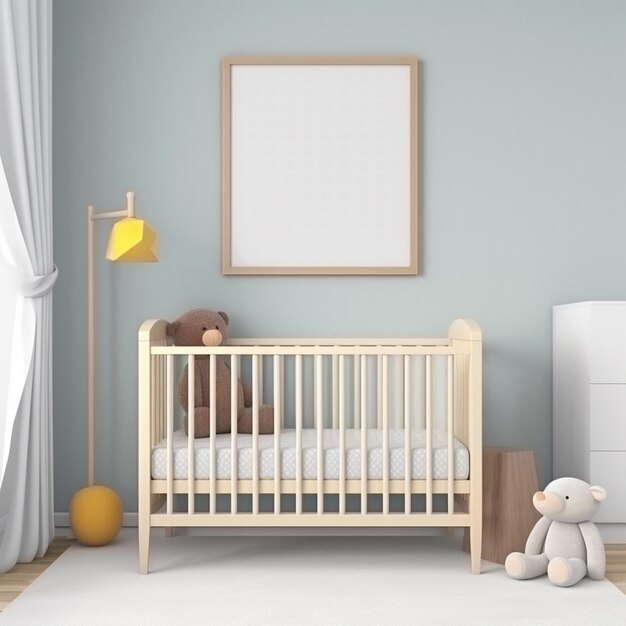 There is a baby crib in a room with a teddy bear generative ai