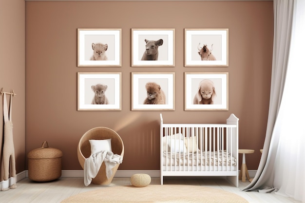 There is a baby crib with a teddy bear and a teddy bear print on the wall generative ai