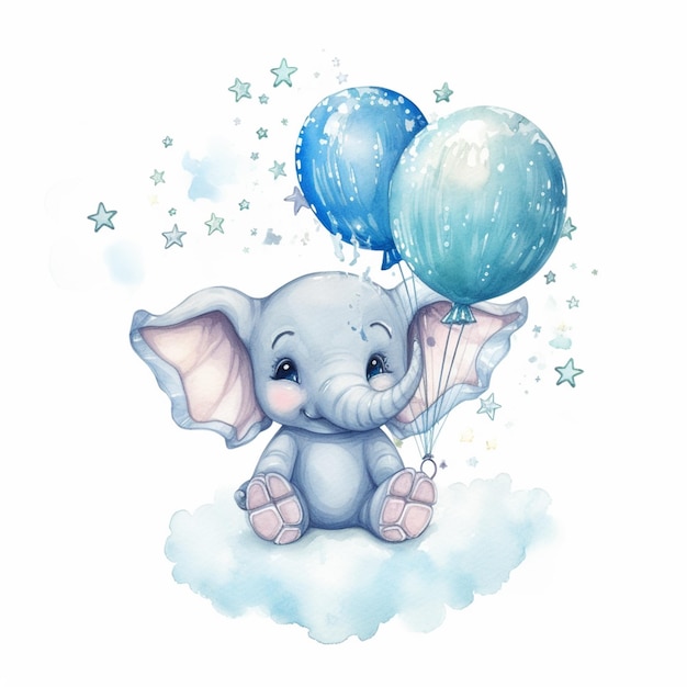 There is a baby elephant sitting on a cloud with balloons generative ai