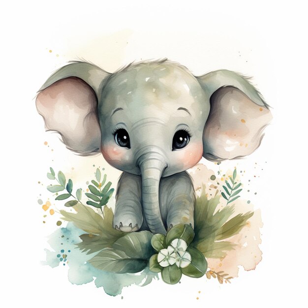 there is a baby elephant sitting in the grass with flowers generative ai