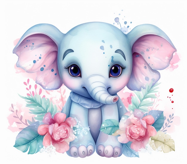 there is a baby elephant sitting on the ground with flowers generative ai