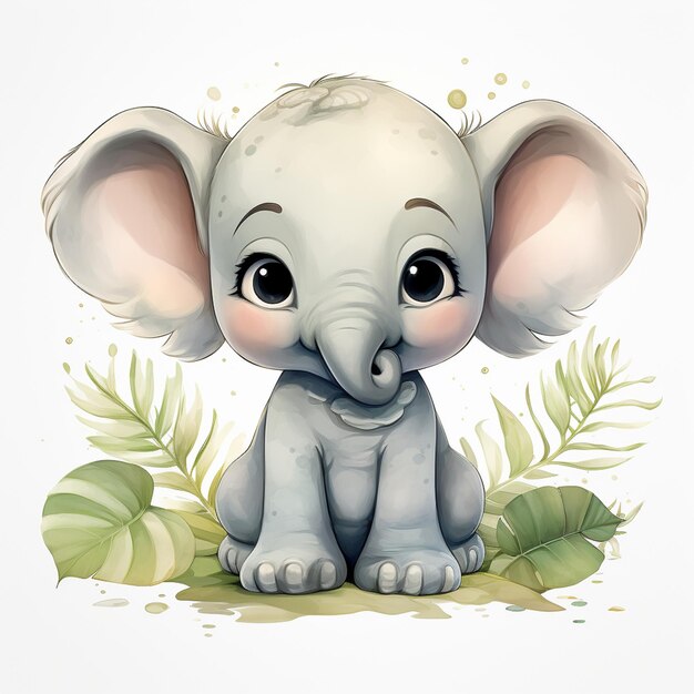 there is a baby elephant sitting on the ground with leaves generative ai