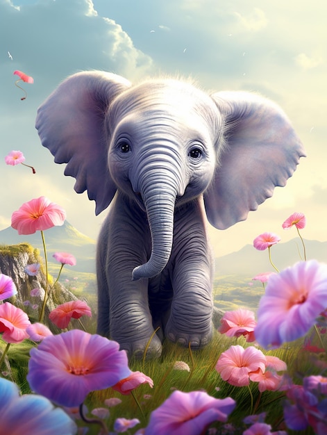 There is a baby elephant walking through a field of flowers generative ai