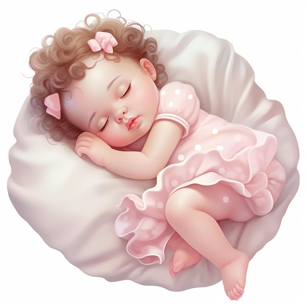 there is a baby girl sleeping on a pillow with a pink dress generative ai