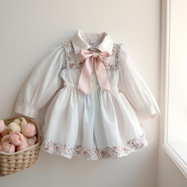 there is a baby girls dress and teddy bears in a basket generative ai