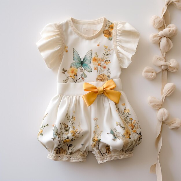 there is a baby girls dress with a yellow bow on it generative ai