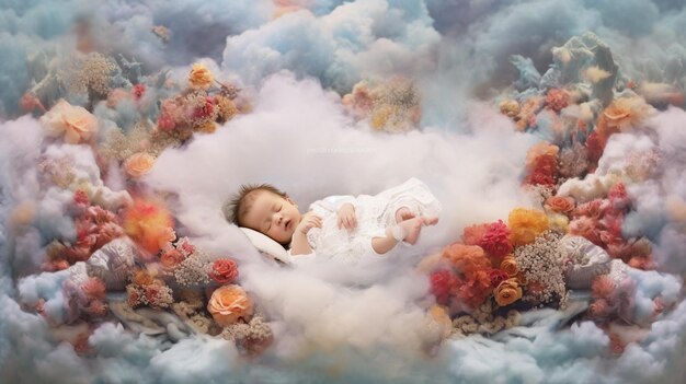 꽃 생성 인공 지능의 구름에 누워있는 아기가 있습니다