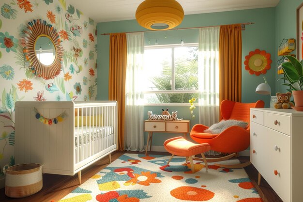 there is a baby room with a crib and a chair generative ai