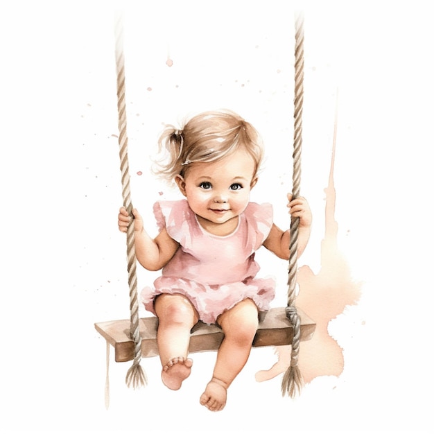 there is a baby sitting on a swing with a pink dress generative ai