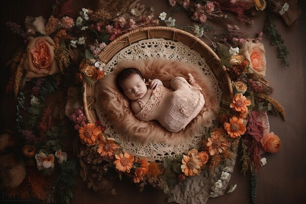 꽃이 둘러싸인 바구니에 잠자는 아기가 있습니다.