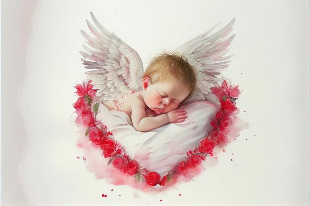 there is a baby sleeping in a heart shaped frame with wings generative ai