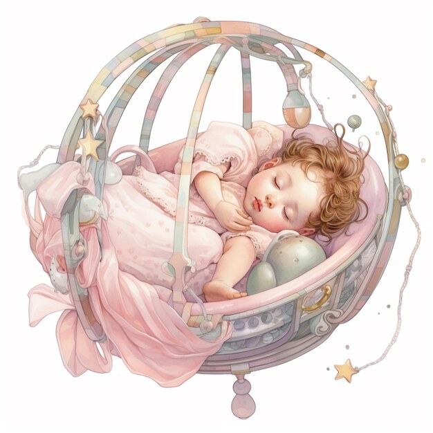 별 생성 AI가 있는 분홍색 요람에서 자고 있는 아기가 있습니다.