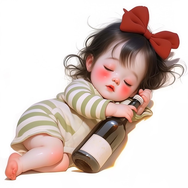 there is a baby that is laying down with a bottle generative ai